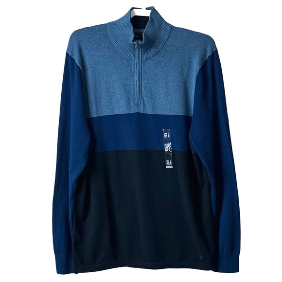 NWT Nautica Colorblock Quarter-Zip Pullover Sweater Navy Blue Sz L - Picture 1 of 4